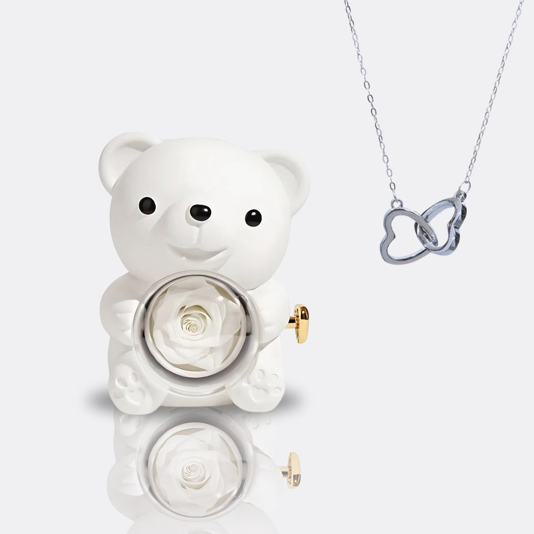 Teddy Bear Gift Set with Engraved Necklace & Eternal Rose