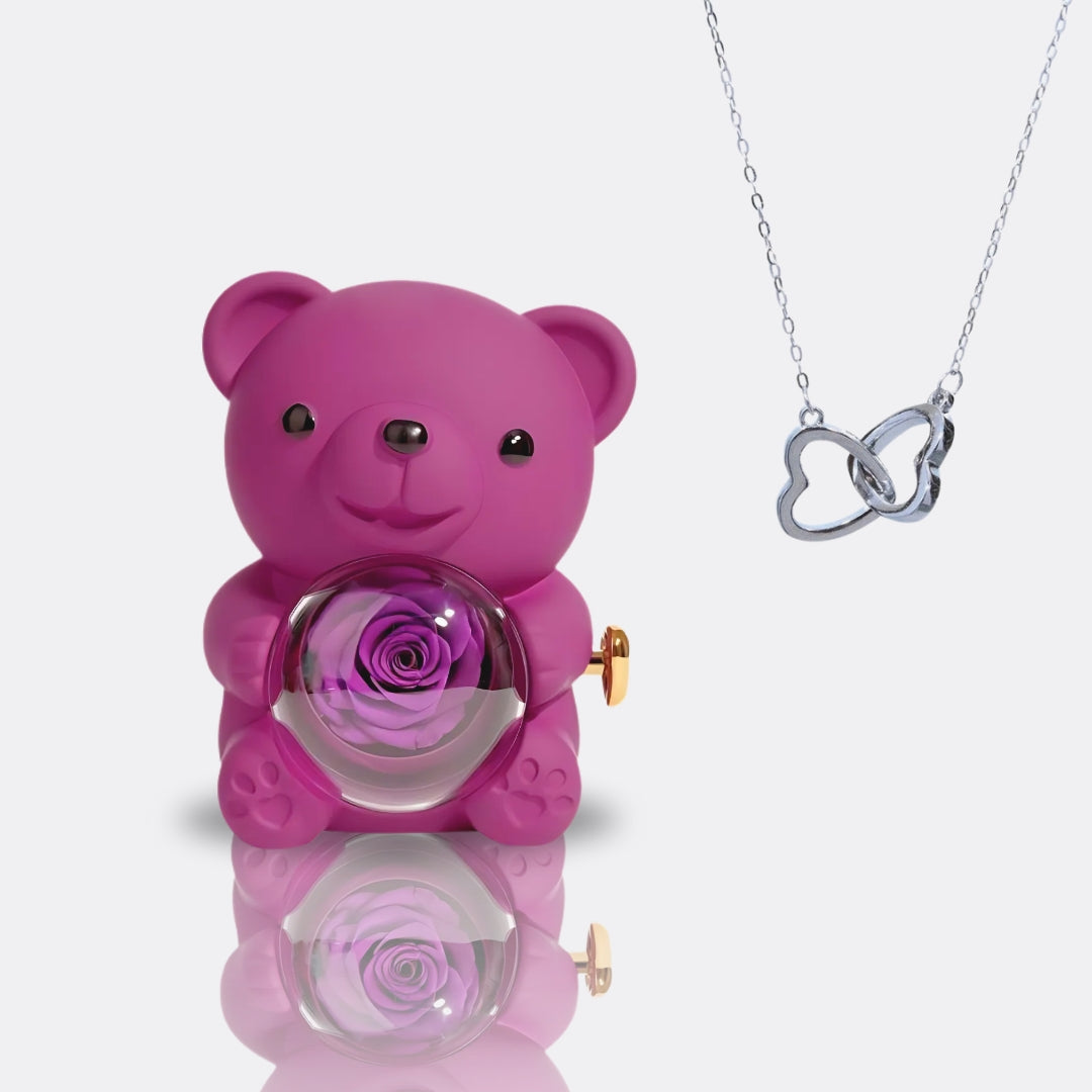 Teddy Bear Gift Set with Engraved Necklace & Eternal Rose