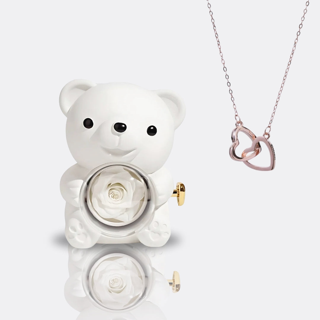 Teddy Bear Gift Set with Engraved Necklace & Eternal Rose