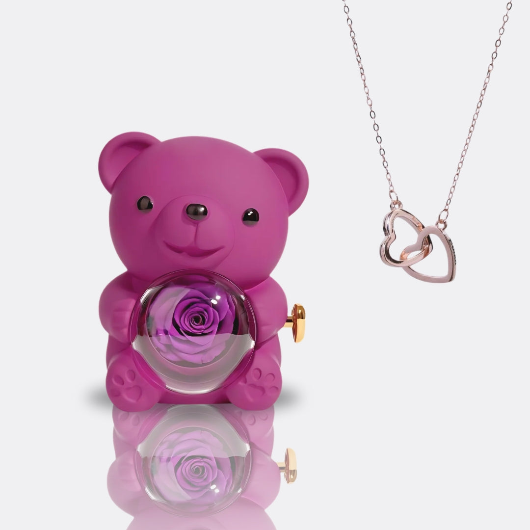 Teddy Bear Gift Set with Engraved Necklace & Eternal Rose