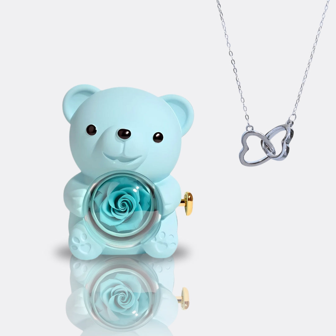 Teddy Bear Gift Set with Engraved Necklace & Eternal Rose