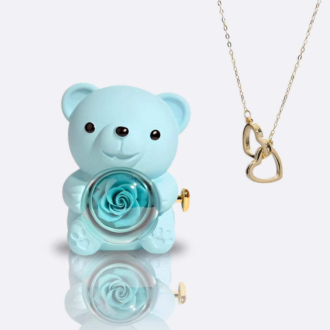Teddy Bear Gift Set with Engraved Necklace & Eternal Rose