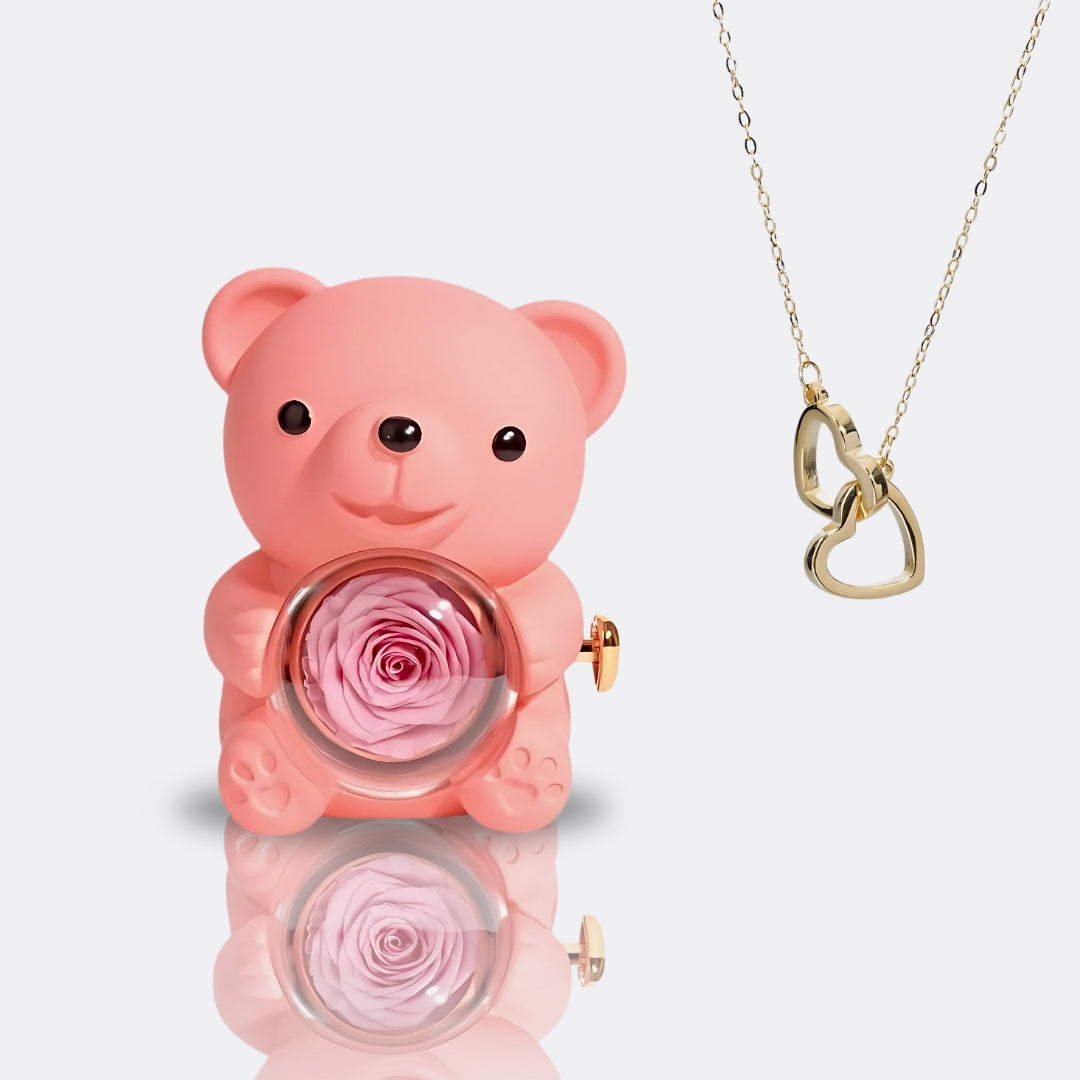 Teddy Bear Gift Set with Engraved Necklace & Eternal Rose