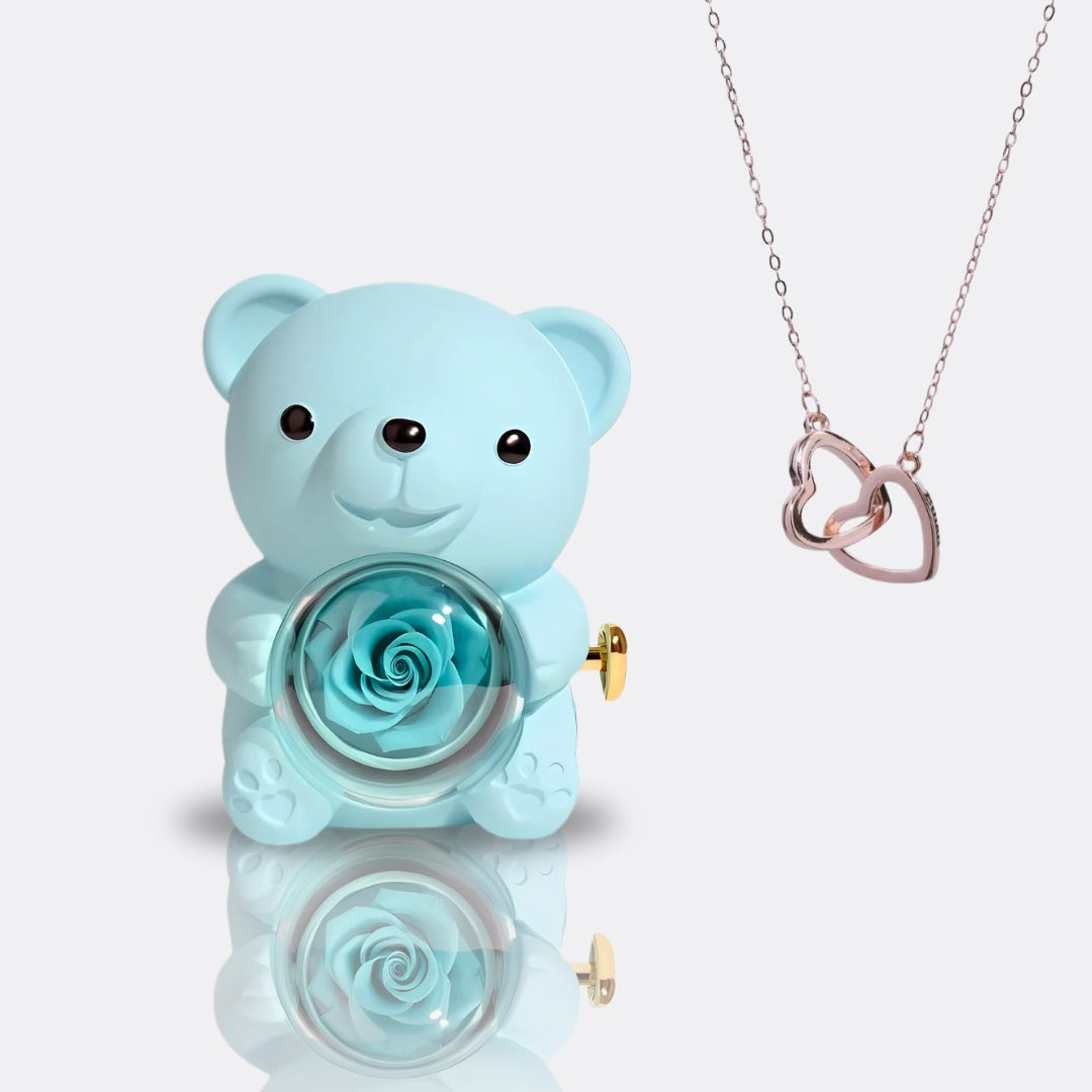 Teddy Bear Gift Set with Engraved Necklace & Eternal Rose