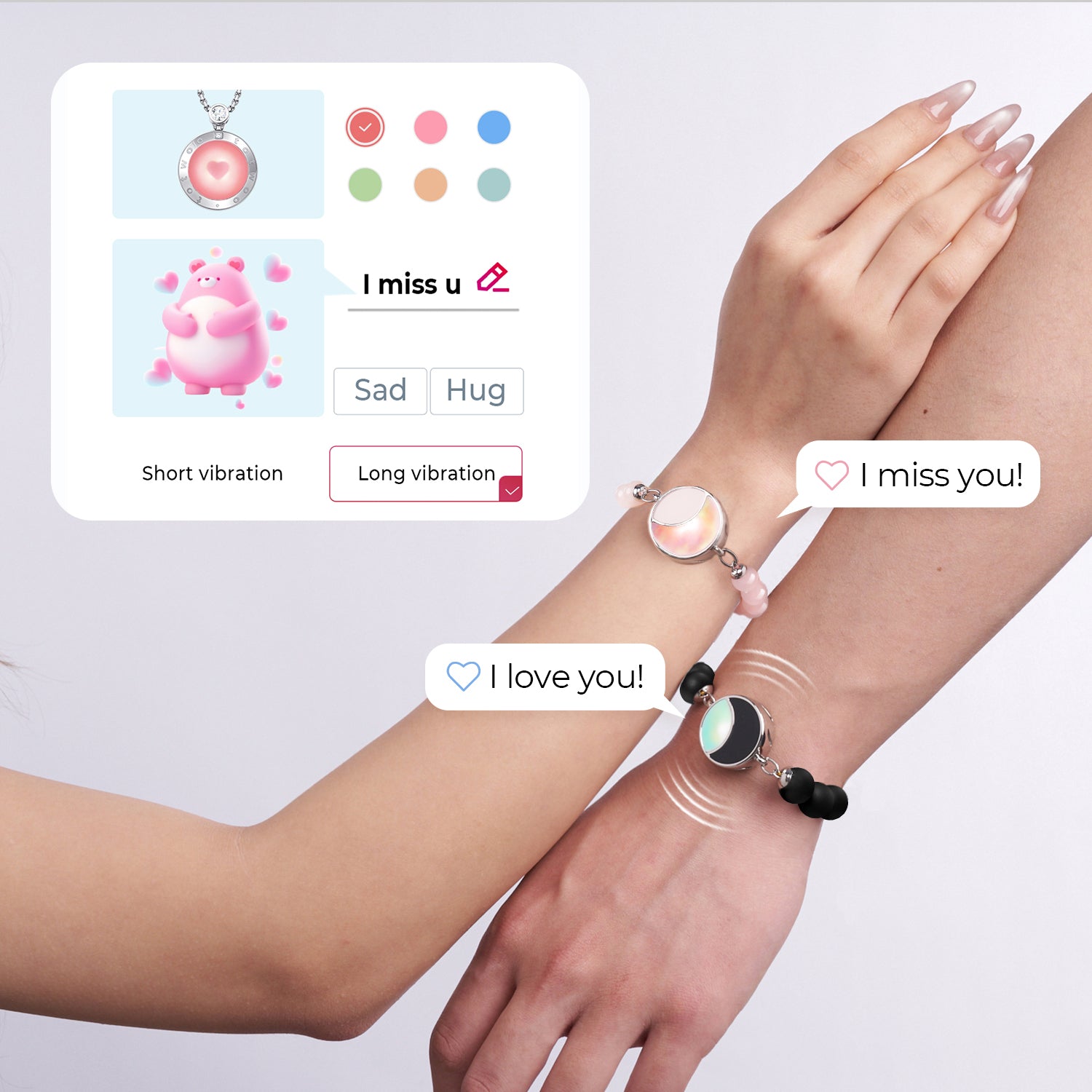 Lunar Glow Touch Bracelets with Rose Quartz and Black Onyx Beads