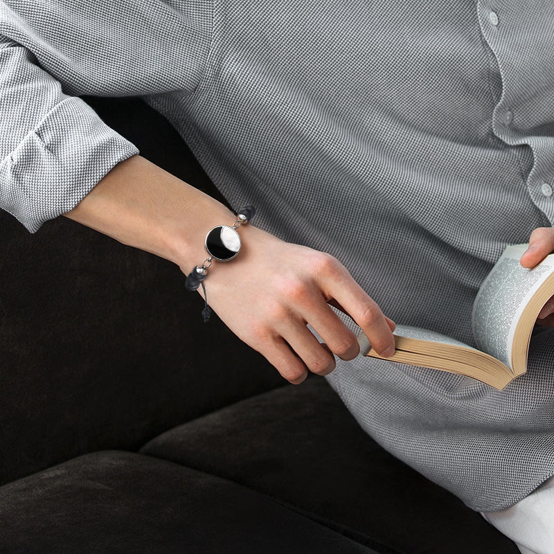 Lunar Glow Touch Bracelets with Rose Quartz and Black Onyx Beads