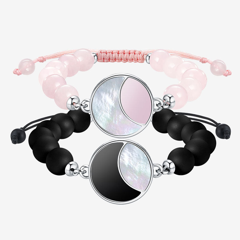 Lunar Glow Touch Bracelets with Rose Quartz and Black Onyx Beads