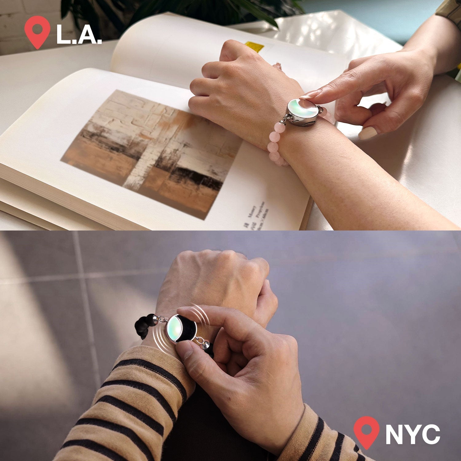 Lunar Glow Touch Bracelets with Rose Quartz and Black Onyx Beads
