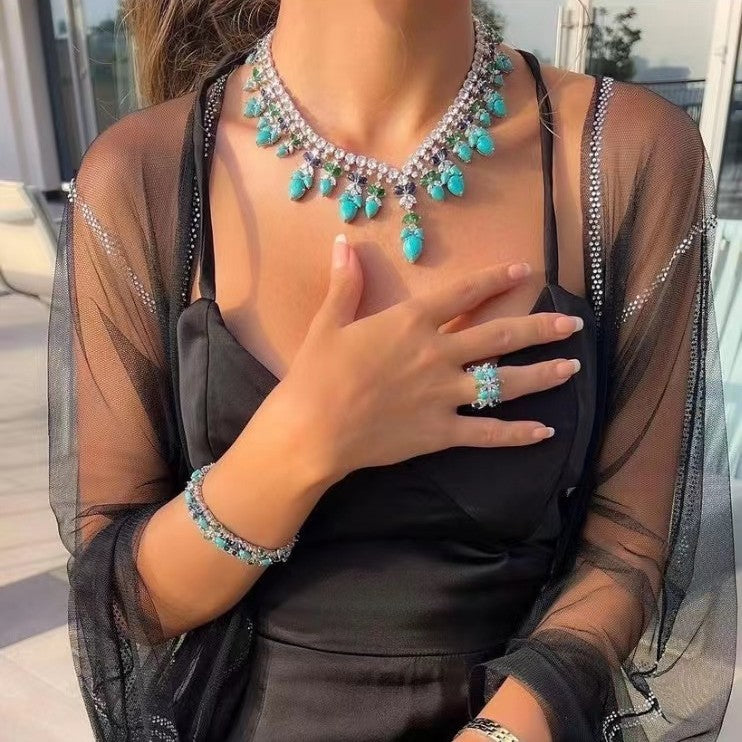 4 PcsTurquoise Luxury Necklace Earrings Bracelet Ring Set