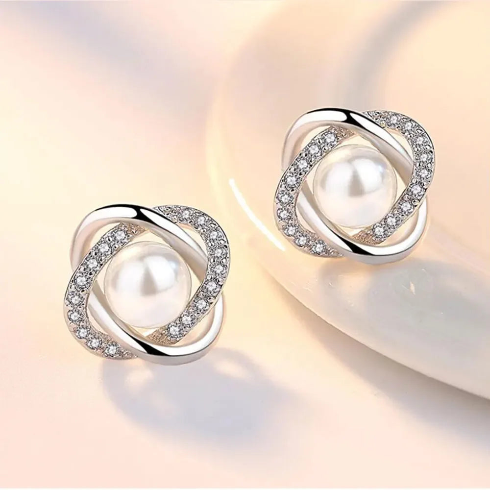 Valén Upscale 925 Sterling Silver Zircon & Pearl Twist Stud Earrings