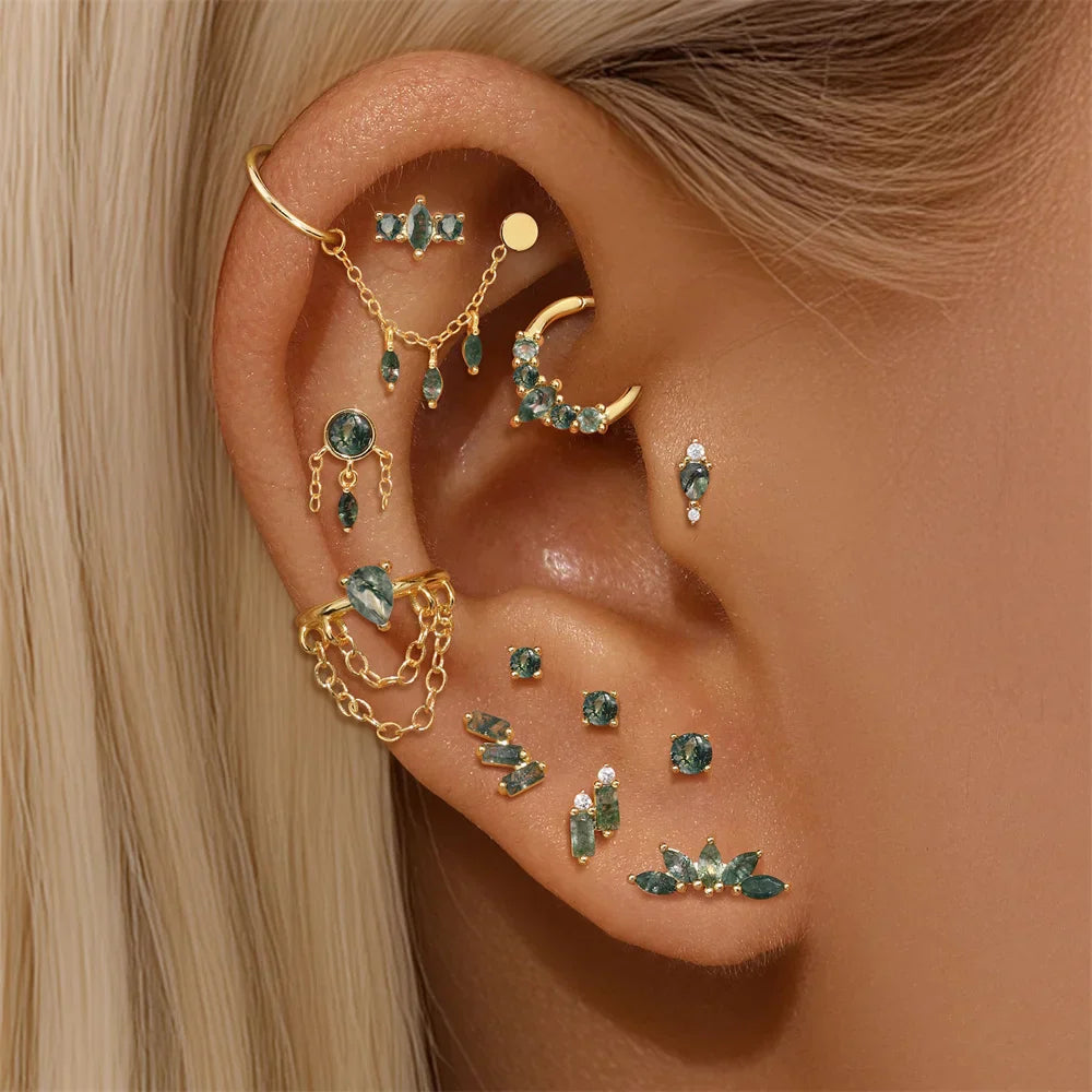 VALÉN 1PC Natural Moss Agate Threaded Ear Bone Nail Tassel Earring