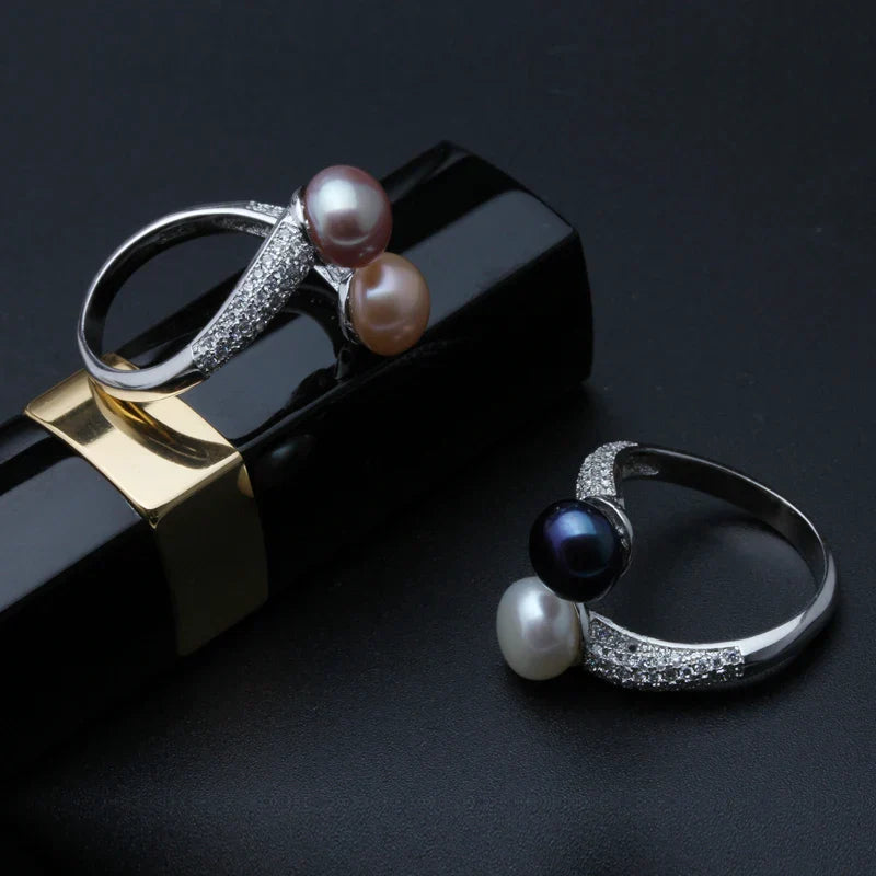 VALÉN Real 925 Sterling Silver Double Pearl Ring