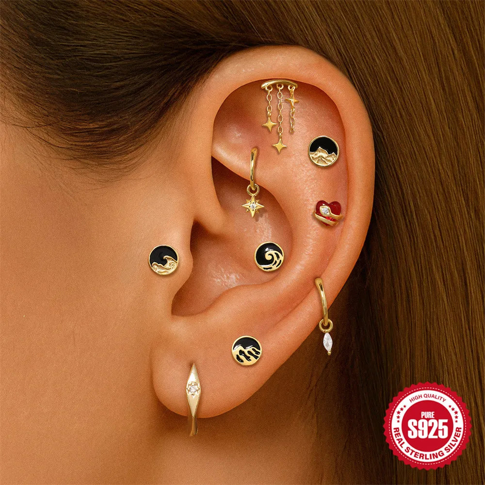 VALÉN PC S925 Pure Silver Classic Four-pointed Star Stud Zircon Earrings and Earrings are Noble, Beautiful, Elegant Ear Studs