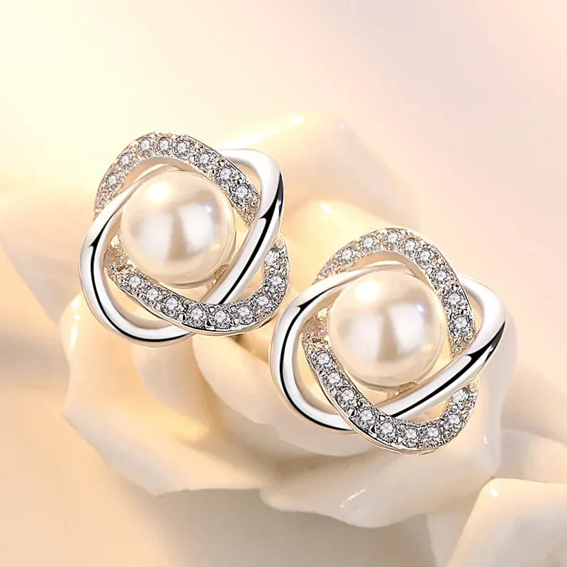 Valén Upscale 925 Sterling Silver Zircon & Pearl Twist Stud Earrings