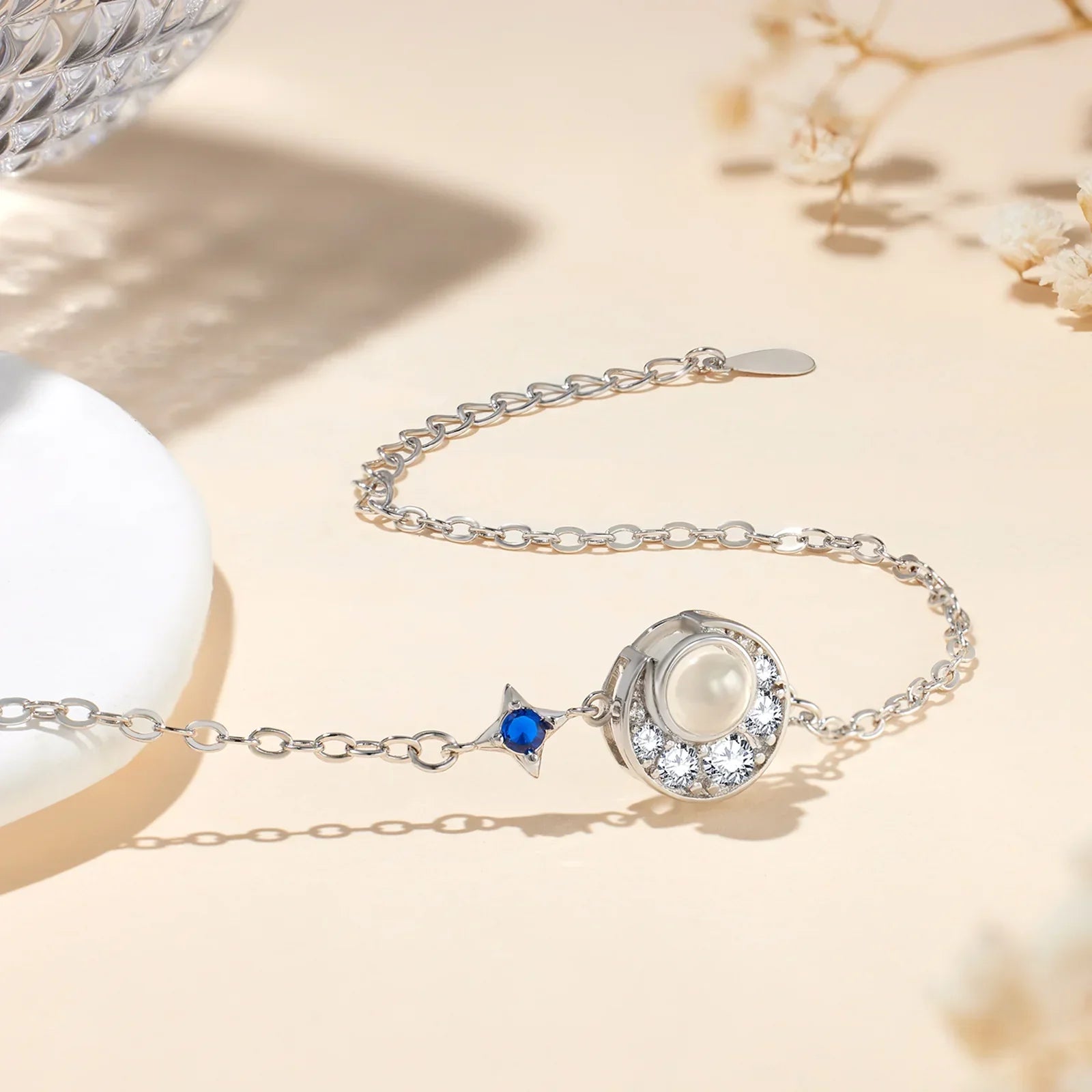 925 Silver Star & Moon Photo Bracelet with Enhanced Projection Stone