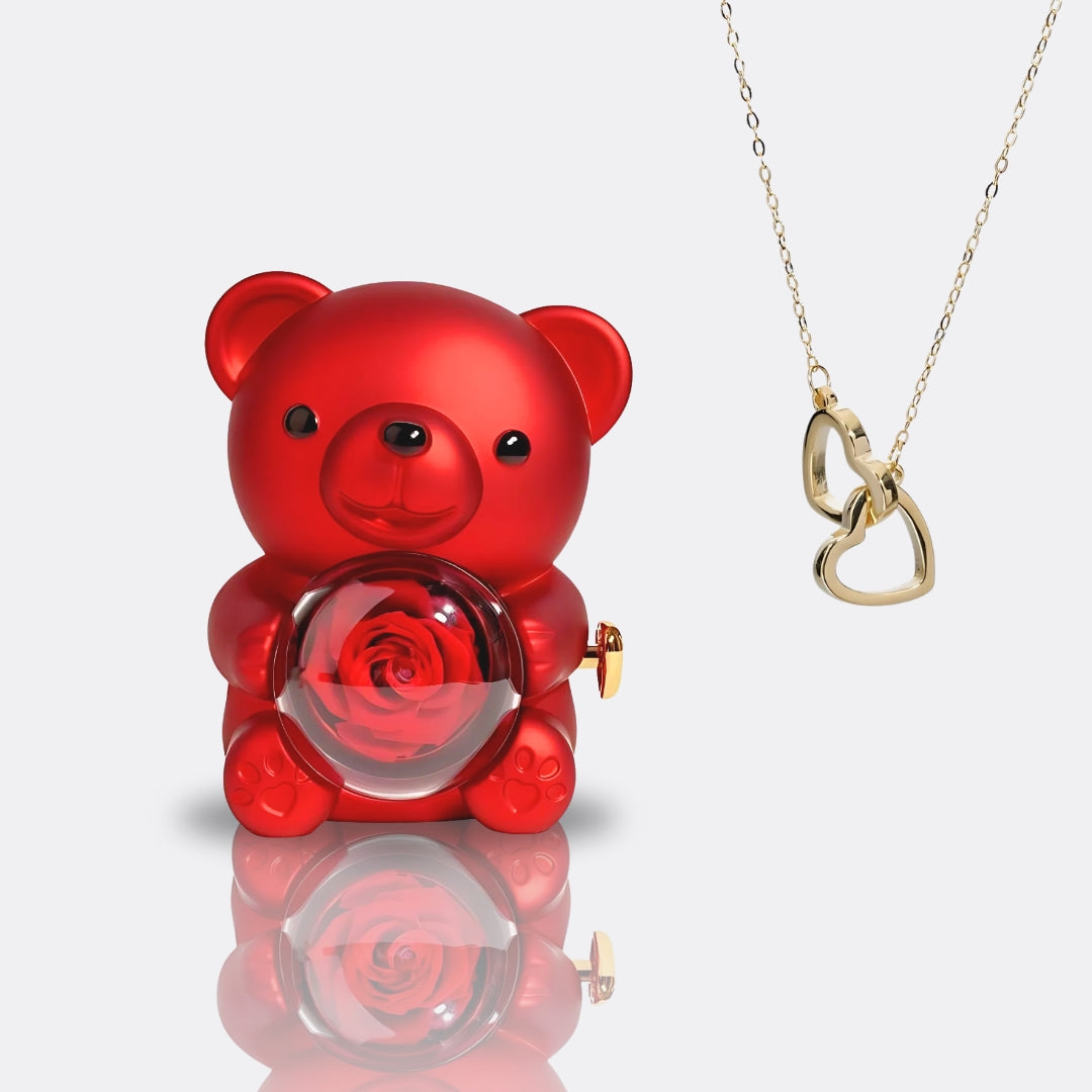 Teddy Bear Gift Set with Engraved Necklace & Eternal Rose