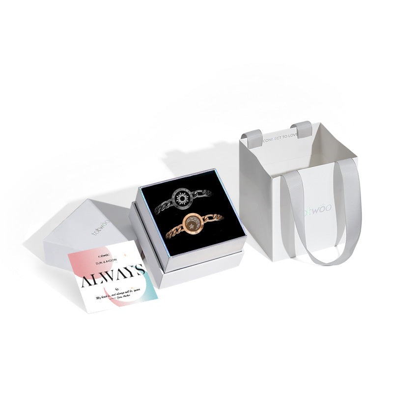 Sun & Moon Touch Bracelets with Figaro Chain (Black+Rose Gold)