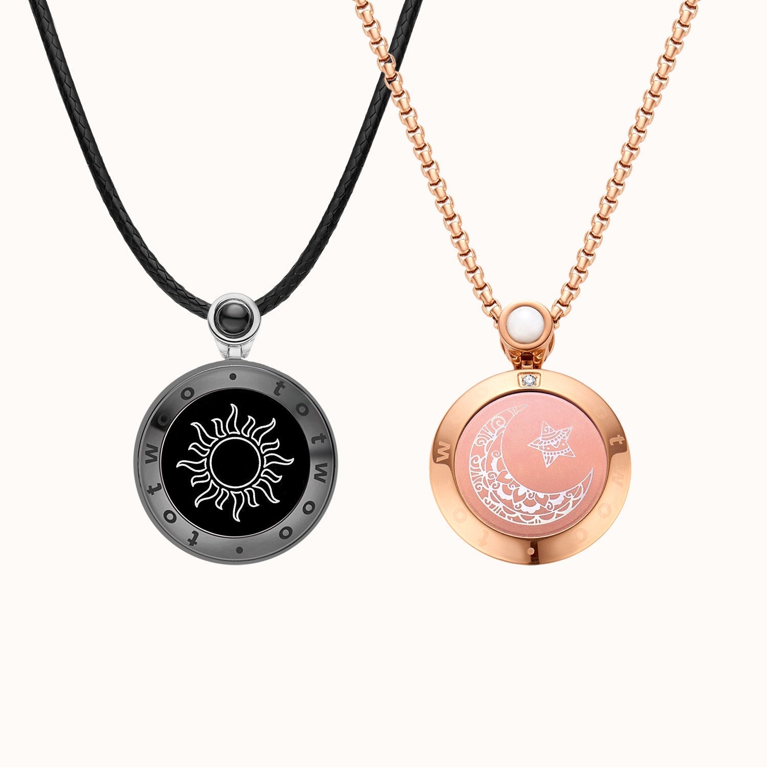 Sun & Moon Touch Necklaces with Agate (Black + Rose Gold)