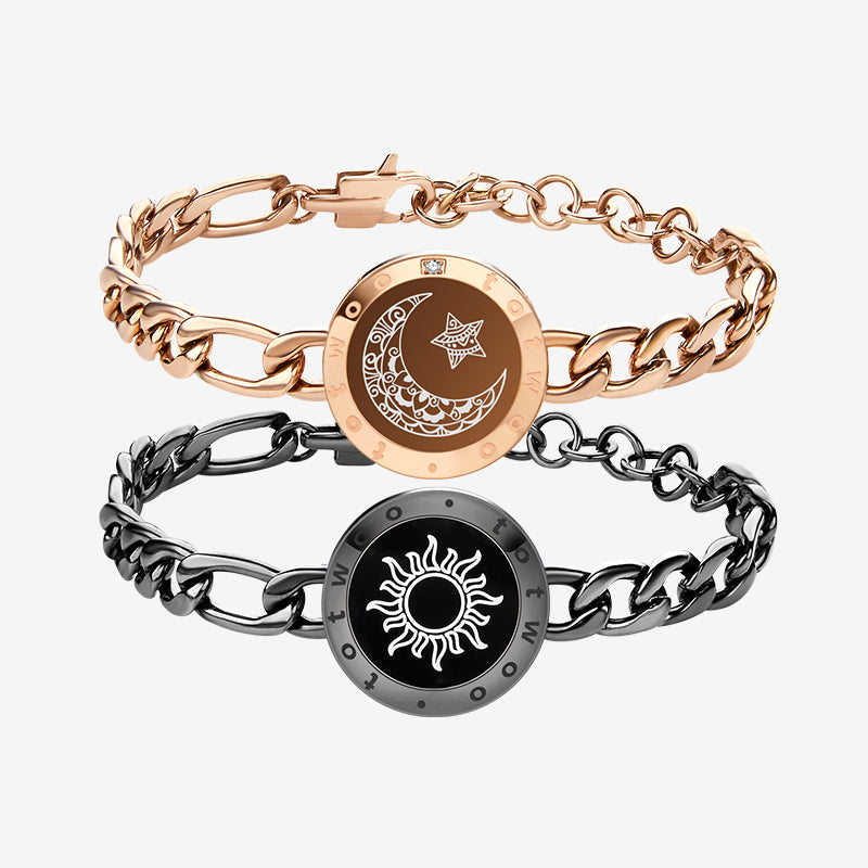Sun & Moon Touch Bracelets with Figaro Chain (Black+Rose Gold)