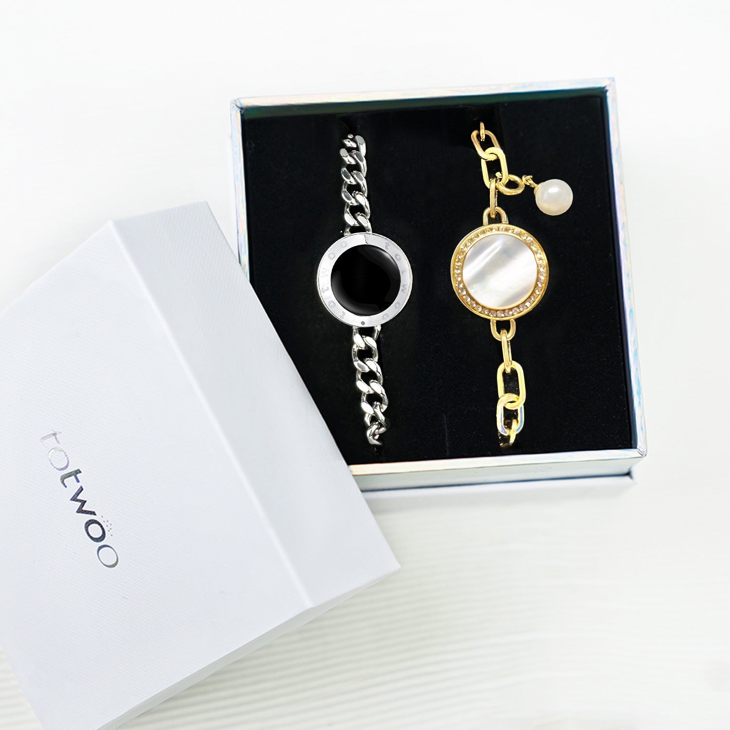 Soulmate 2.0 Touch Bracelets Set(Silver Cuban Chain+Gold Figaro Chain)