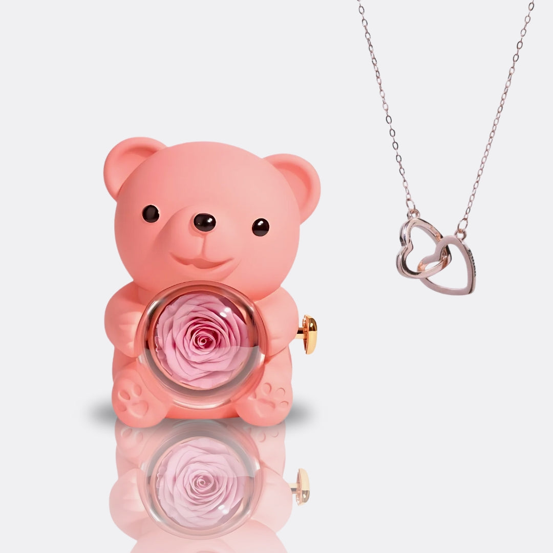 Teddy Bear Gift Set with Engraved Necklace & Eternal Rose