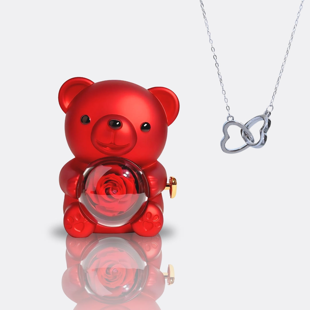 Teddy Bear Gift Set with Engraved Necklace & Eternal Rose