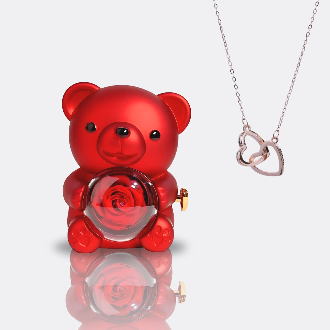 Teddy Bear Gift Set with Engraved Necklace & Eternal Rose