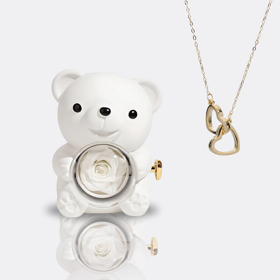 Teddy Bear Gift Set with Engraved Necklace & Eternal Rose
