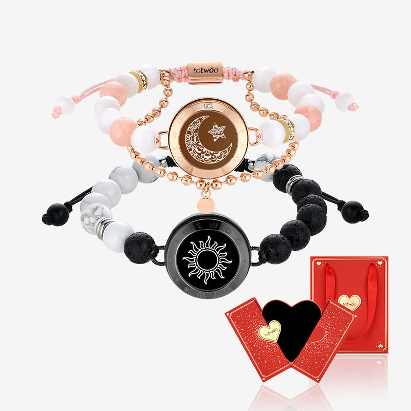 [Connected in Red Gift Packaging] Sun & Moon Touch Bracelets with Phantasmal Beads (Black+Rose Gold)