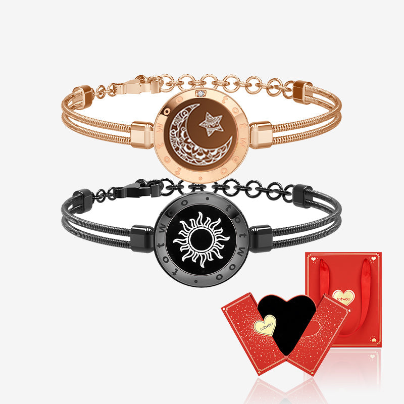 [Connected in Red Gift Packaging] Sun&Moon Touch Bracelets with Snake Chain (Black+Rose Gold)