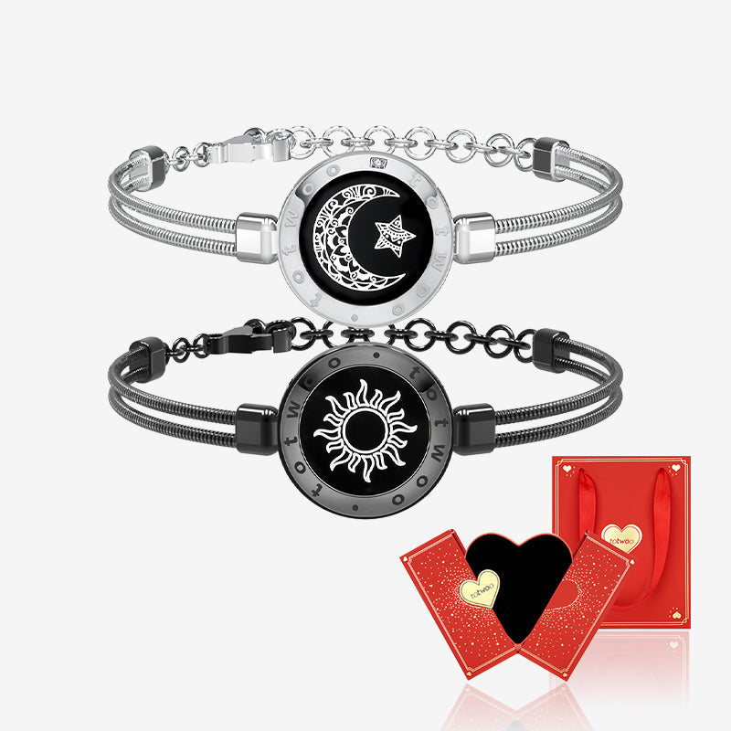 [Connected in Red Gift Packaging] Sun&Moon Touch Bracelets with Snake Chain (Black+Silver)