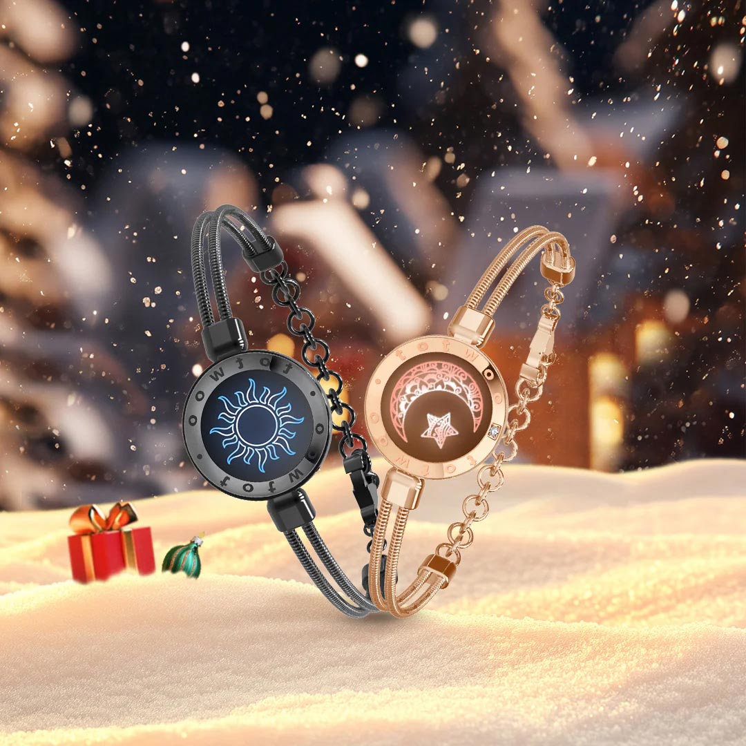 [Connected in Red Gift Packaging] Sun&Moon Touch Bracelets with Snake Chain (Black+Rose Gold)