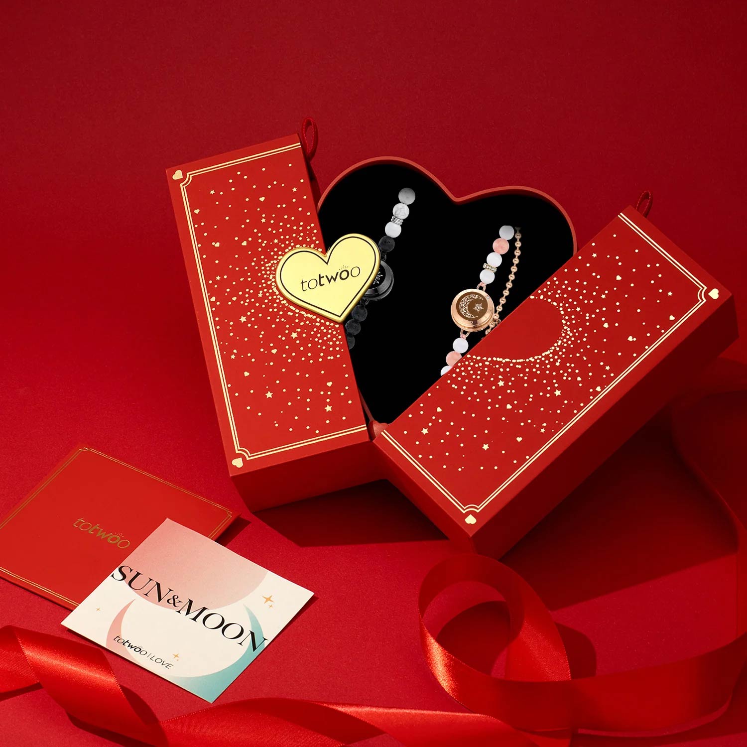 [Connected in Red Gift Packaging] Sun & Moon Touch Bracelets with Phantasmal Beads (Black+Rose Gold)