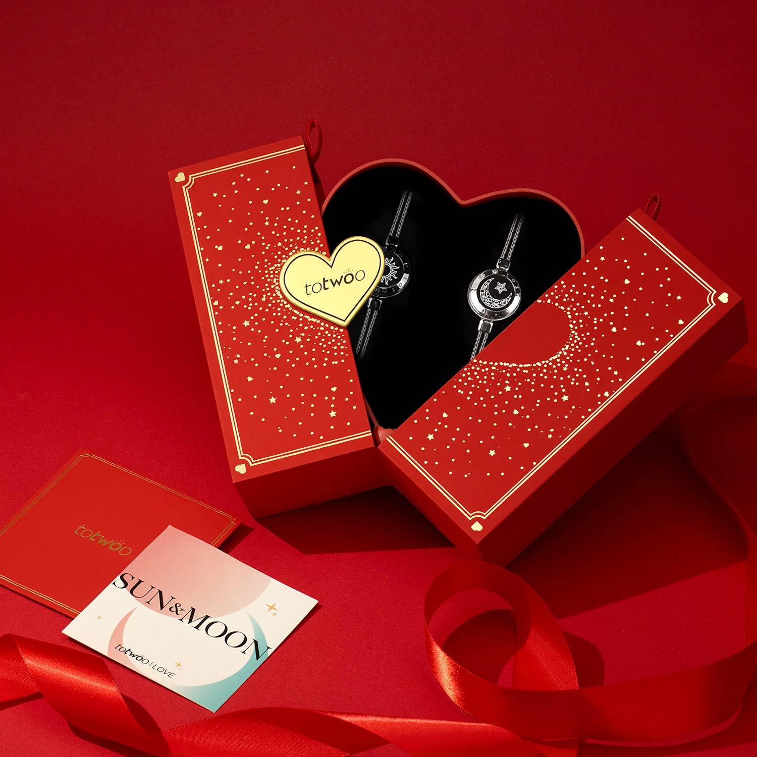 [Connected in Red Gift Packaging] Sun&Moon Touch Bracelets with Snake Chain (Black+Silver)