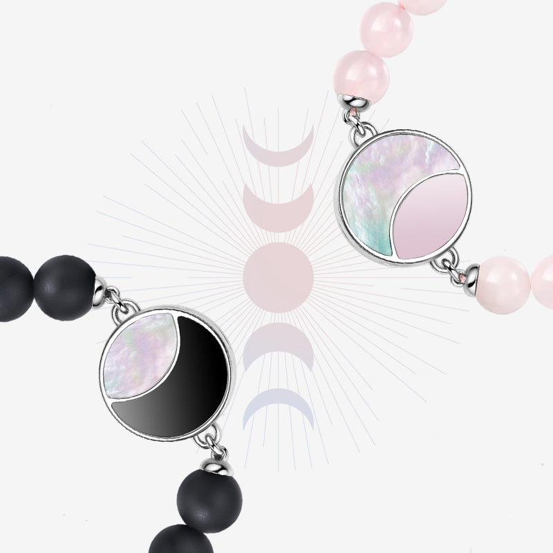 Lunar Glow Touch Bracelets with Rose Quartz and Black Onyx Beads