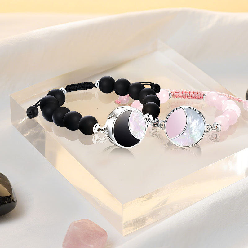 Lunar Glow Touch Bracelets with Rose Quartz and Black Onyx Beads
