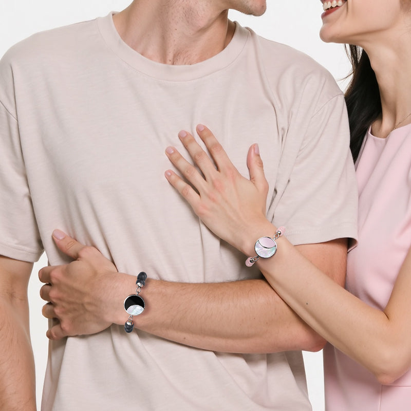 Lunar Glow Touch Bracelets with Rose Quartz and Black Onyx Beads