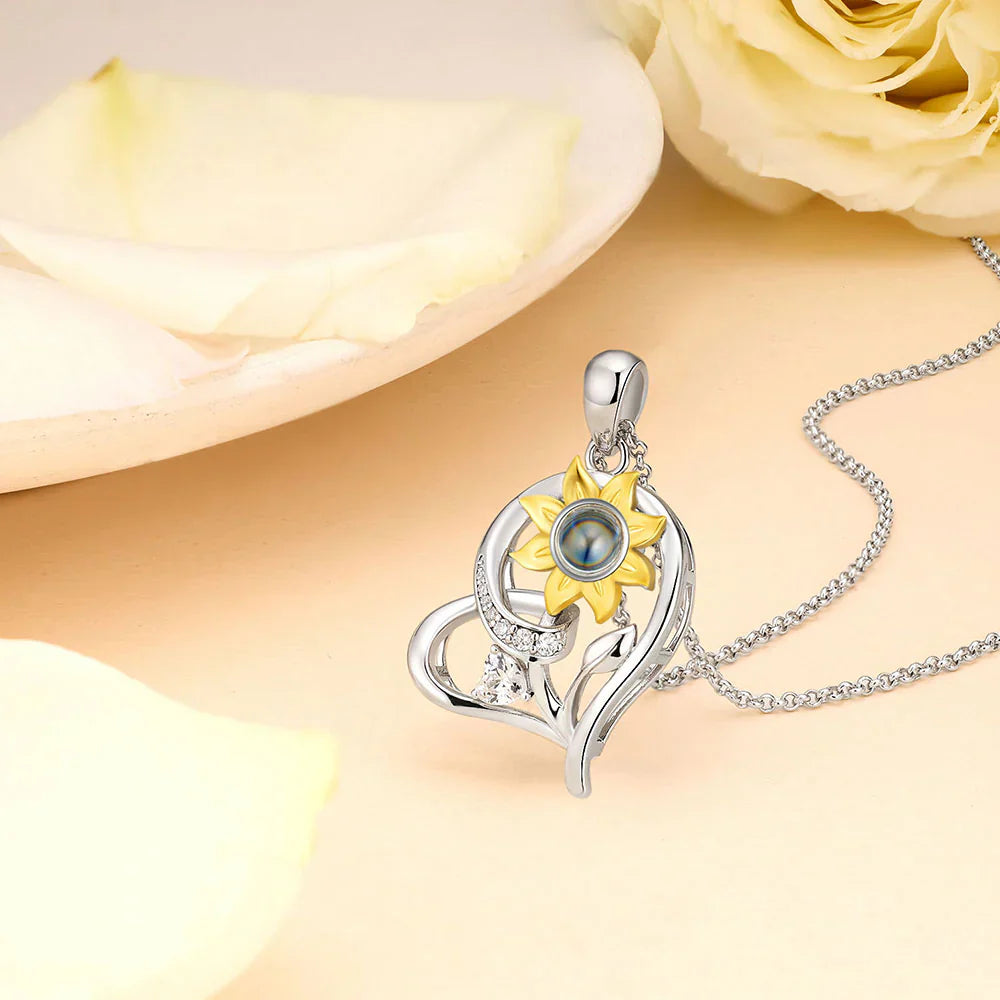 Personalized 925 Silver Sunflower Projection Photo Necklace