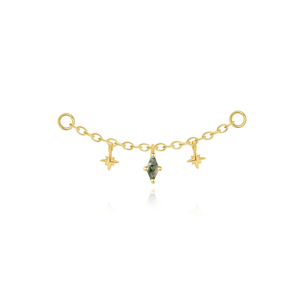 VALÉN 1PC Natural Moss Agate Threaded Ear Bone Nail Tassel Earring