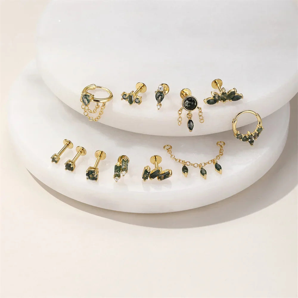 VALÉN 1PC Natural Moss Agate Threaded Ear Bone Nail Tassel Earring