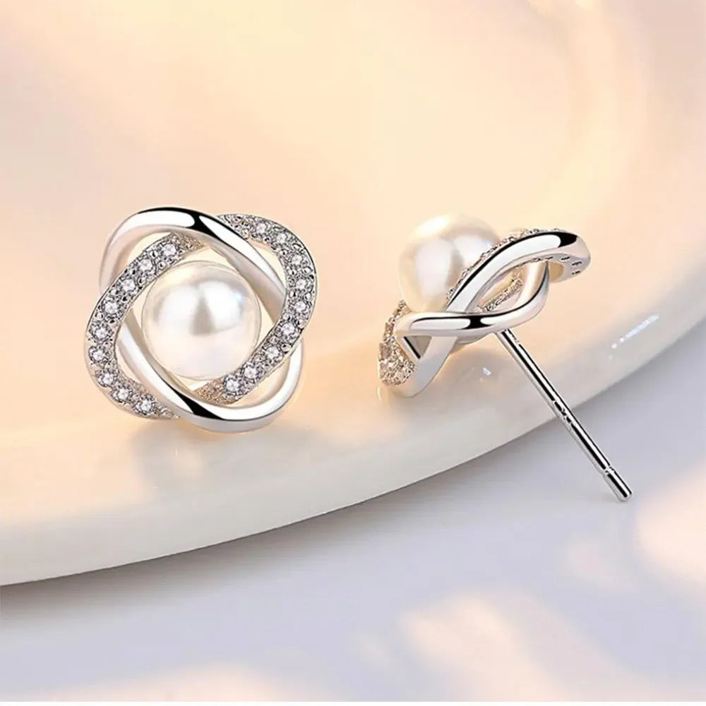 Valén Upscale 925 Sterling Silver Zircon & Pearl Twist Stud Earrings