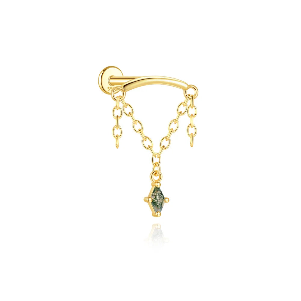 VALÉN 1PC Natural Moss Agate Threaded Ear Bone Nail Tassel Earring