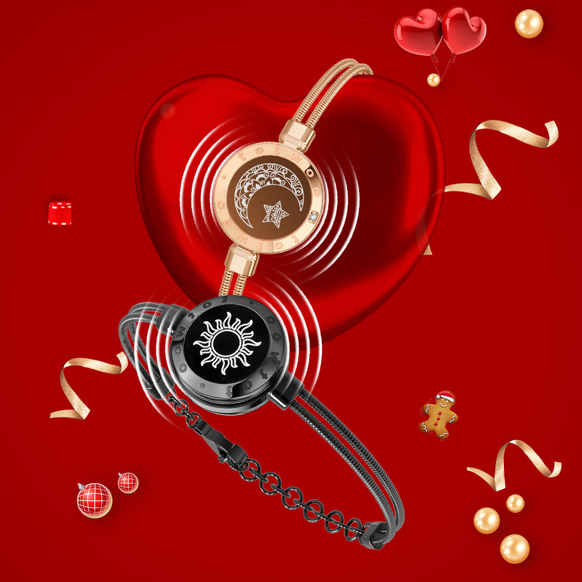 [Connected in Red Gift Packaging] Sun&Moon Touch Bracelets with Snake Chain (Black+Rose Gold)