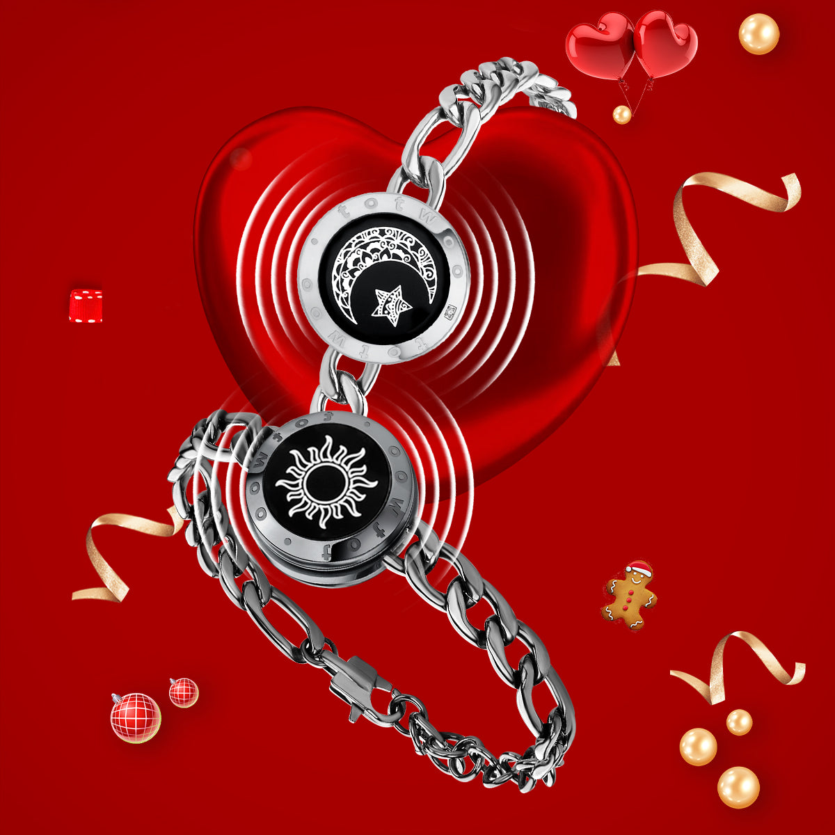 [Connected in Red Gift Packaging] Sun&Moon Touch Bracelets with Figaro Chain (Black+Silver)