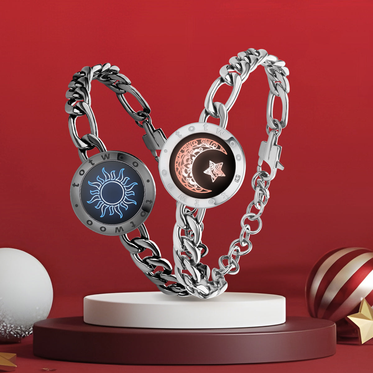 [Connected in Red Gift Packaging] Sun&Moon Touch Bracelets with Figaro Chain (Black+Silver)