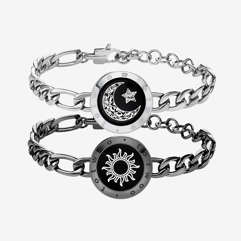 Sun & Moon Touch Bracelets with Figaro Chain (Black+Silver)