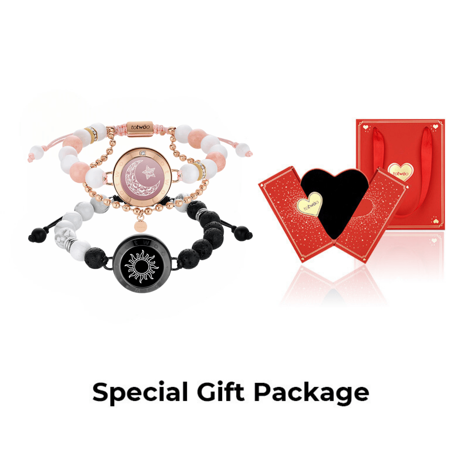 [Connected in Red Gift Packaging] Sun & Moon Touch Bracelets with Phantasmal Beads (Black+Rose Gold)
