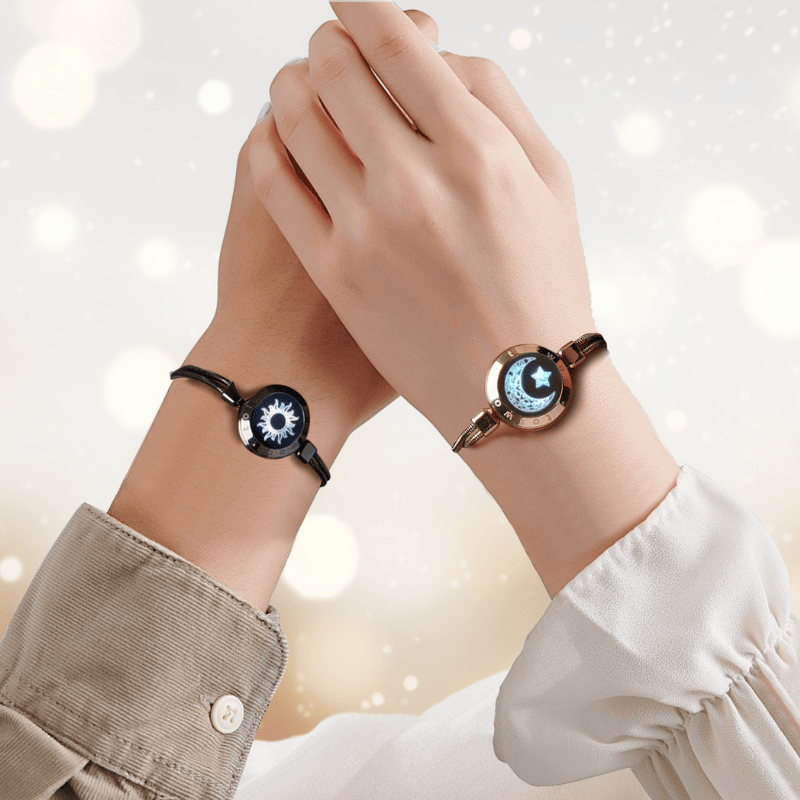 [Connected in Red Gift Packaging] Sun&Moon Touch Bracelets with Snake Chain (Black+Rose Gold)