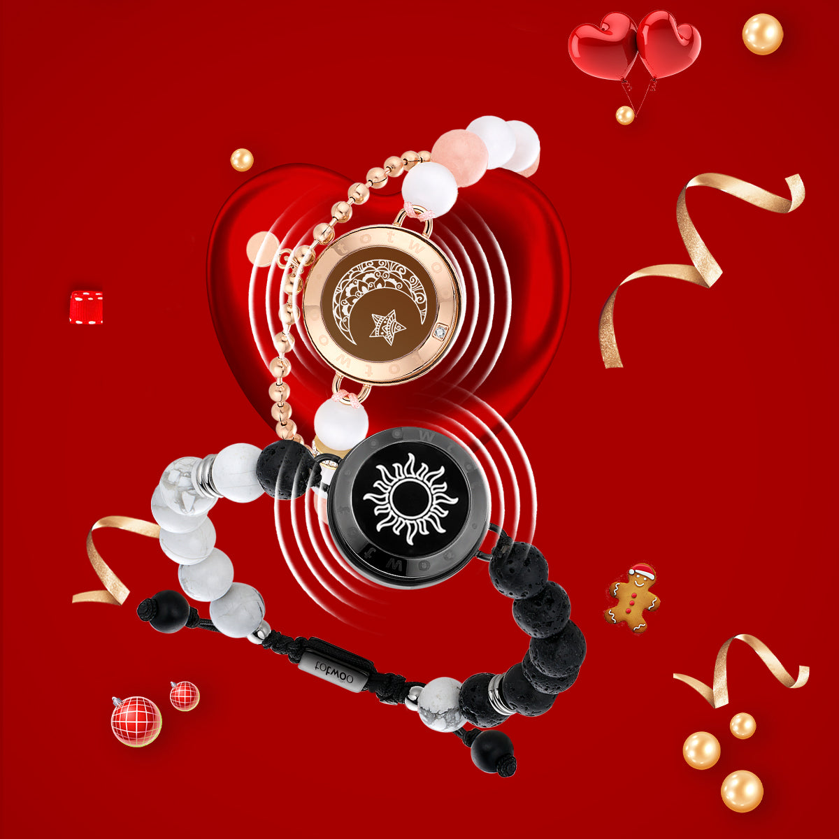 [Connected in Red Gift Packaging] Sun & Moon Touch Bracelets with Phantasmal Beads (Black+Rose Gold)