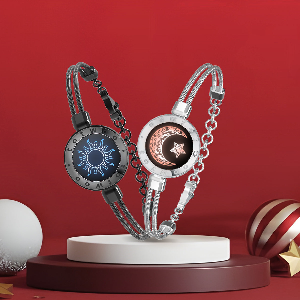 [Connected in Red Gift Packaging] Sun&Moon Touch Bracelets with Snake Chain (Black+Silver)